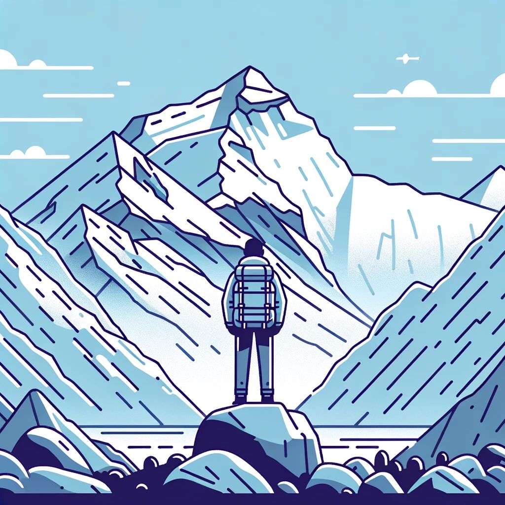 someone gazing at Mount Everest, modern flat design style illustration with line elements